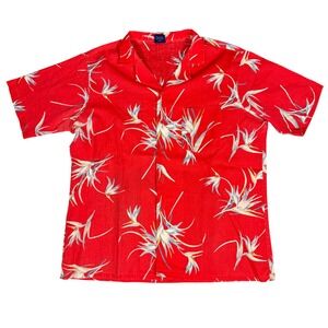Vintage 80s Newport Beach Mens Red Bird of Paradise Hawaiian Shirt Size L USA